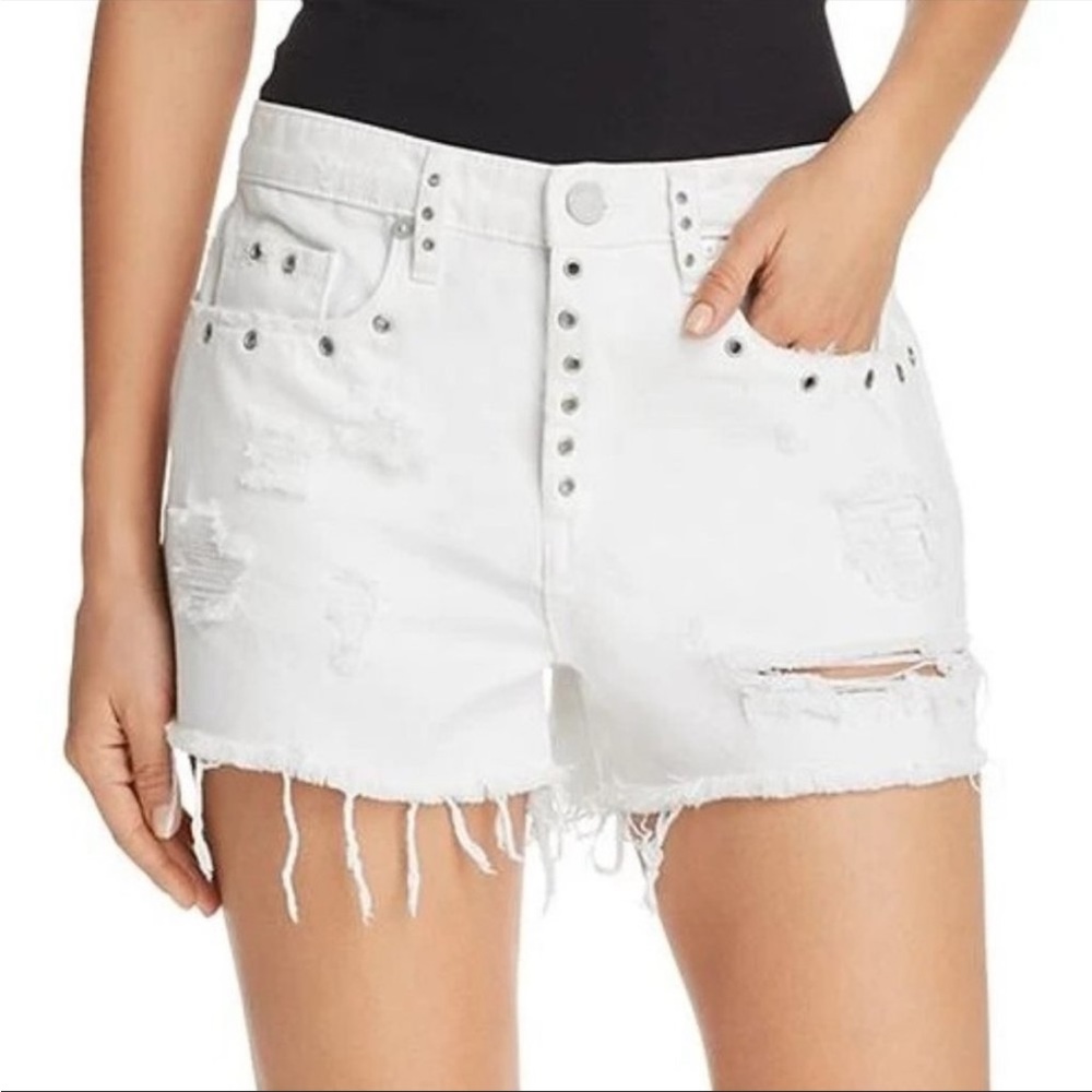 Blank NYC The Barrow Distressed Embellished Denim Shorts in White